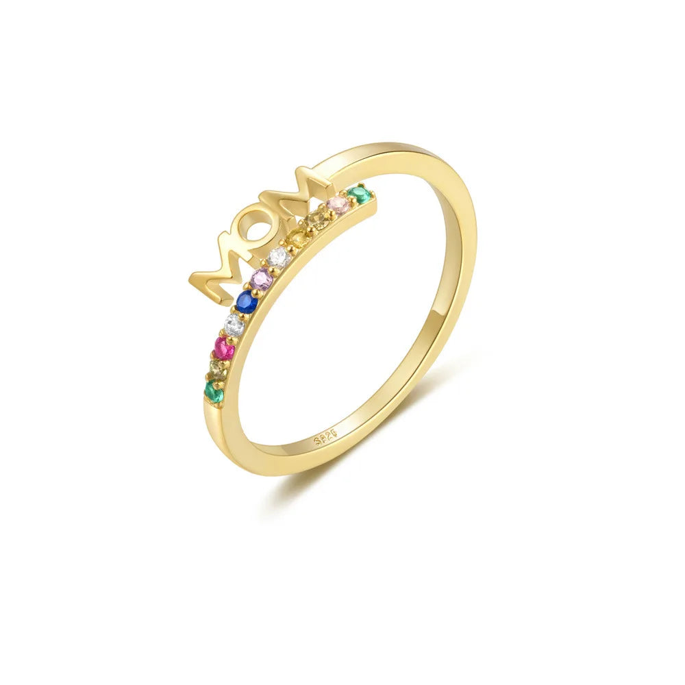 Fashion Jewelry 925 Sterling Silver Rings Letter MOM Diamond Colorful Zircon Gold Plated Open Rings for Women Mother's Day Gi