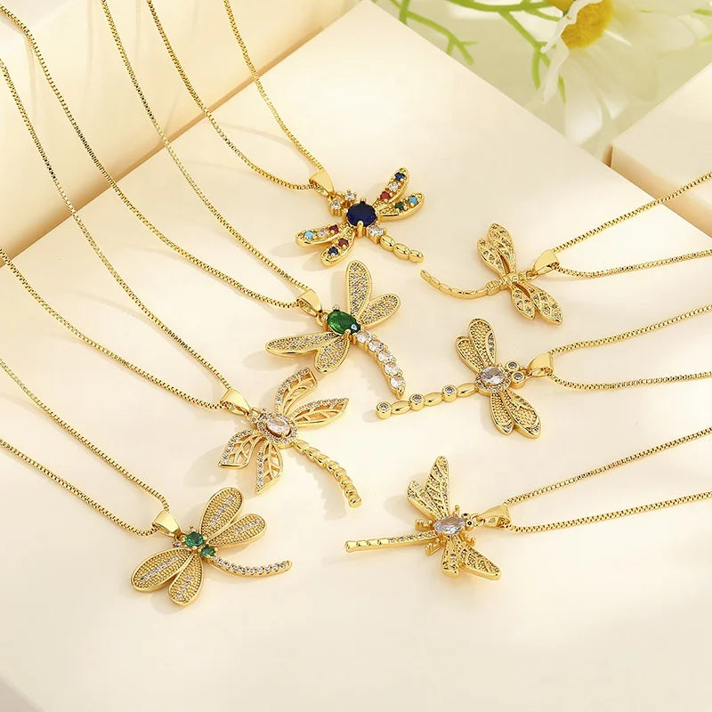 Joyeria 18K Laminated Gold Wholesale Jewelry Oro Bijouterie Gold Plated Zircon Dragonfly Gold Necklace for Women Fashion Jewe