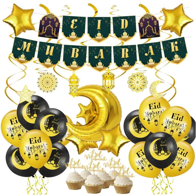 Ramadan 2023 EID Mubarak Decor Balloon Banner Hanging Star Moon Swirls & Cake Toppers for Garden Family Restaurant Eid Suppli