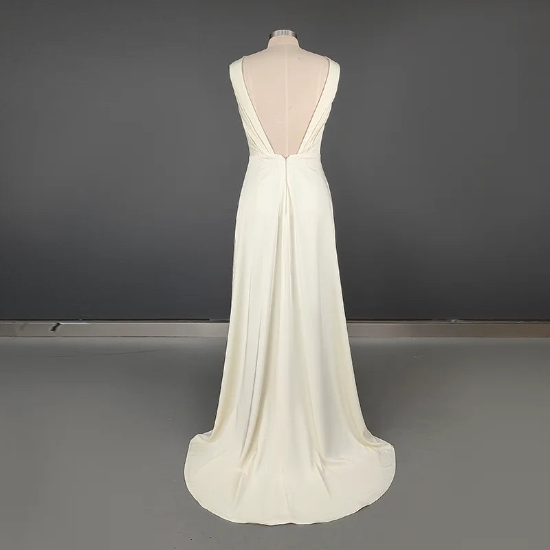 #10795White/Beige Sheath Boat Neck Wedding Dress With Sweep Train Sleeveless Open V-Back Criss-Cross Stain Bride Gown Prom Dr