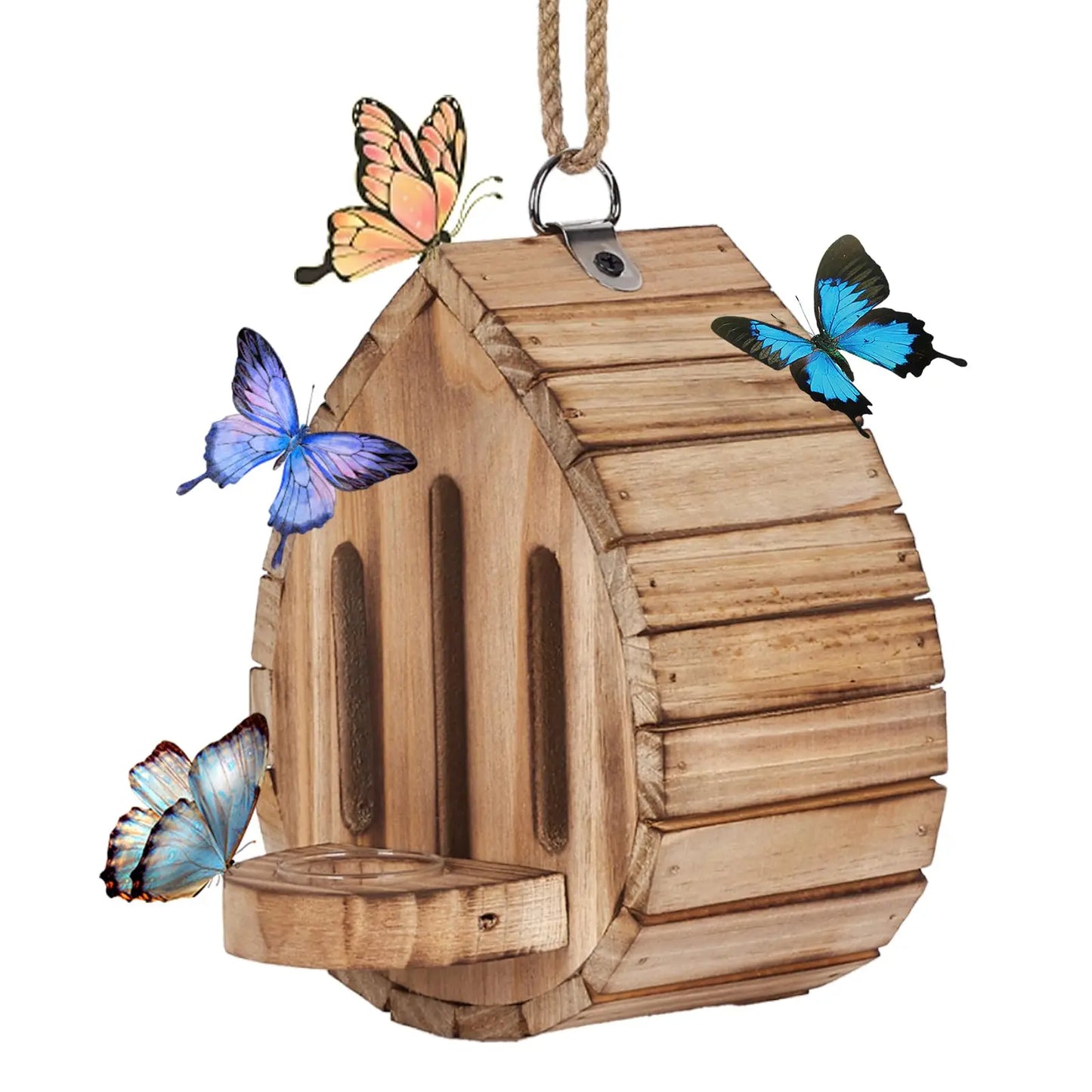 Habitat Garden Mason Bee House Tear Drop Shape Wooden Butterfly Houses With Feeder Hanging Natural Butterfly Nesting Box