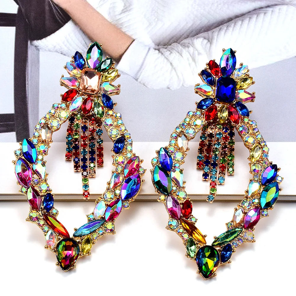 Trendy Women Diamond Tassel Flower Earrings Jewelry Rhinestone Colored Geometric Flower Statement Earrings for Party