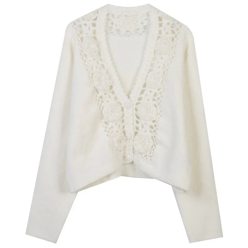 V Nekc Hollow Crochet Floral Hand Knitted Sweater Cardigan Women Knitwear