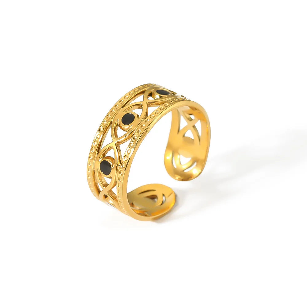 MAIFENG Elegant Adjustable Ring Girls Stainless Steel 18K Gold Plated Black Enamel Wide Striped Hollow Trendy Unisex Ring