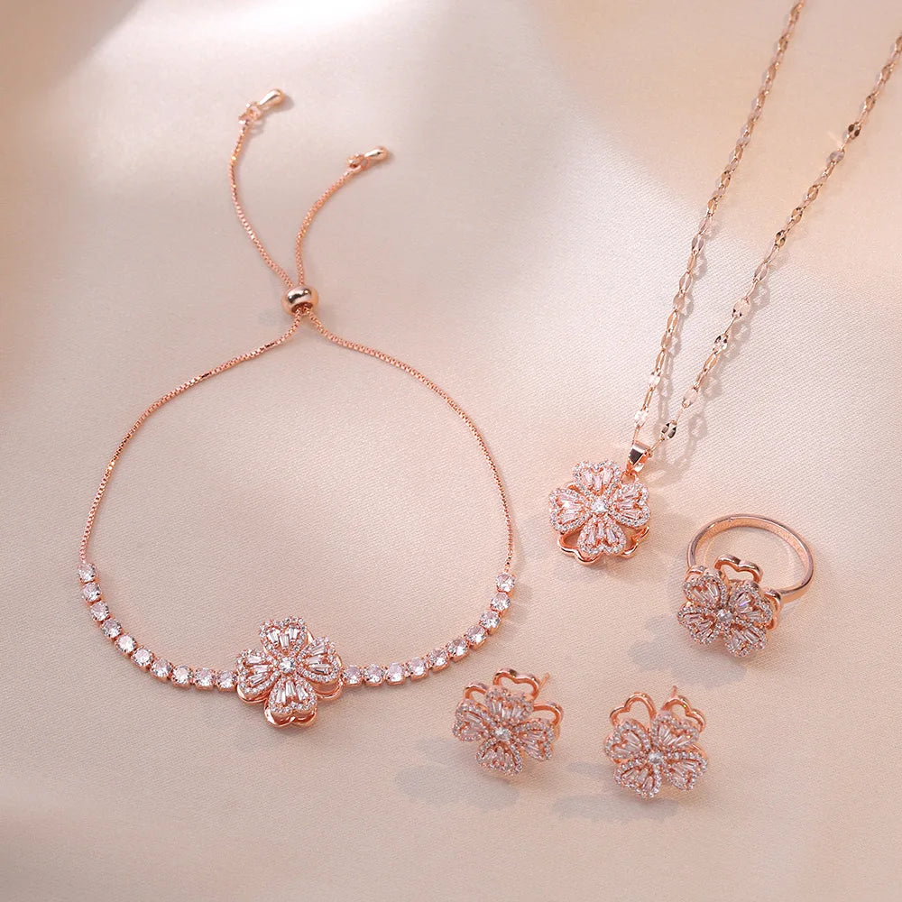 Fashion Jewelry 4 Styles Can Rotate Pendant Earrings Ring Bracelet Micro-inset Zircon Titanium Steel Necklace