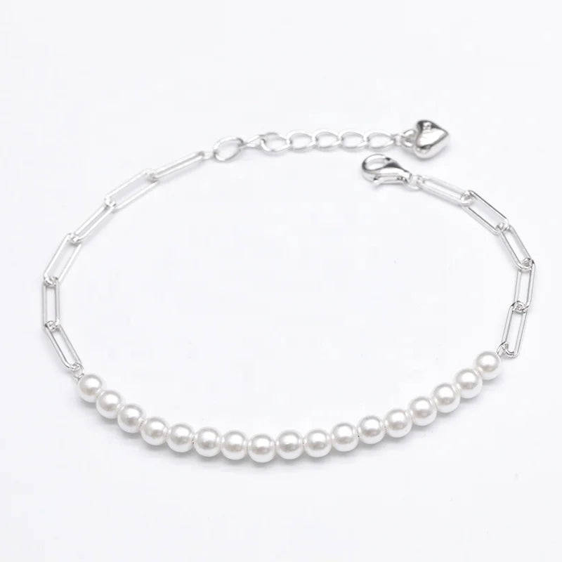 Custom Luxury Women's Artificial Pearl Paper Clip Bracelet 925 Sterling Silver