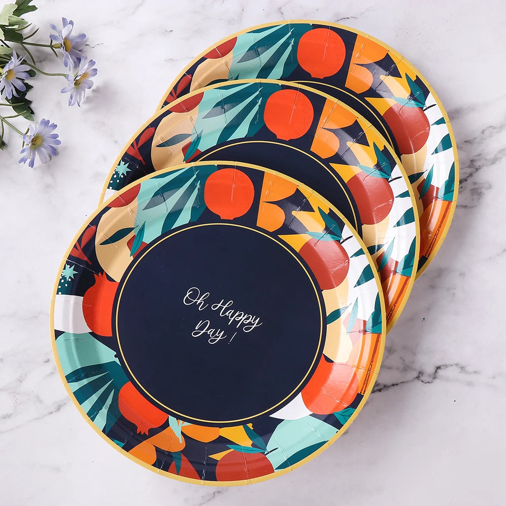 Pomegranate Camping Paper Plates Happy Day Black Decorative Disposable Dinner Tray 10PCS/BAG for Tables