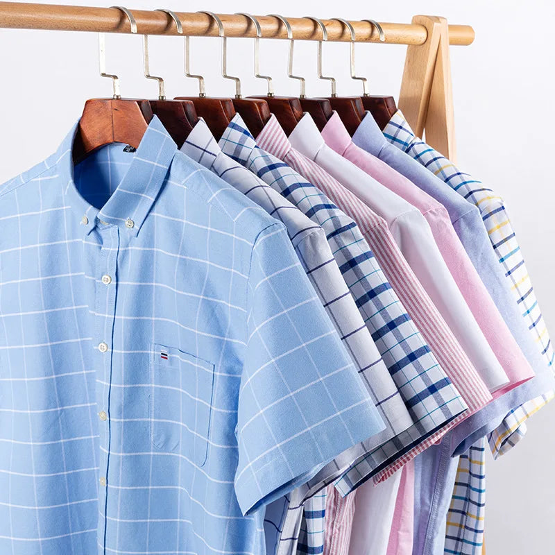 RNSHANGER 100% Cotton Breathable Men Oxford Shirts New Short Sleeve Summer Plaid Shirts Striped Male Clothes Business Shirts