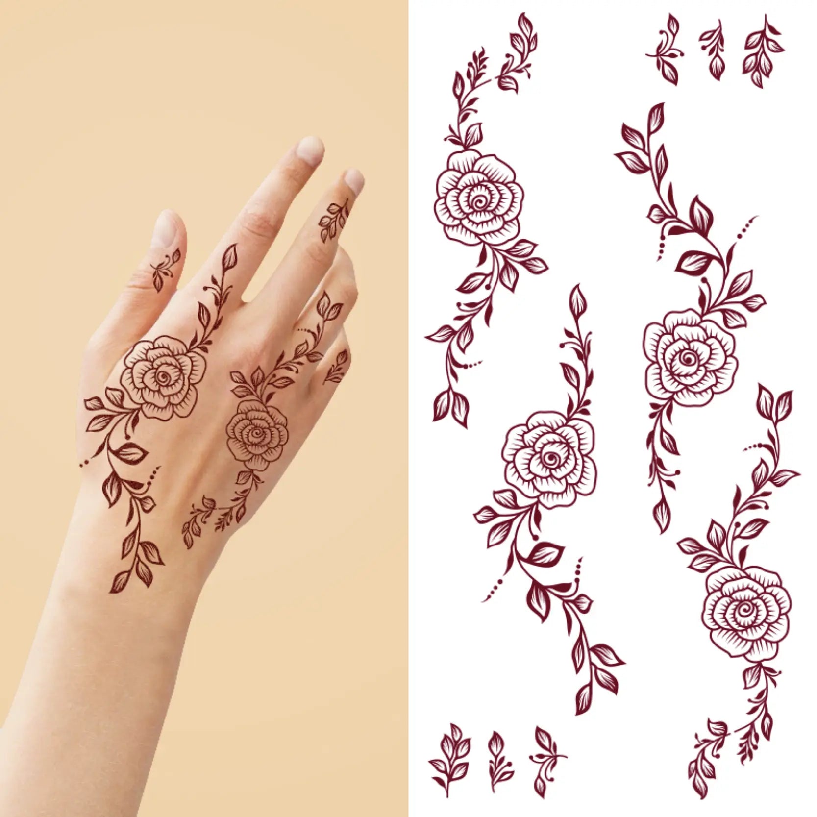 Moonlight Hot Sale Maroon Both Hands Mehndi Design Temporary Tattoo Waterproof Henna Art Tattoo Sticker Body Application Prin