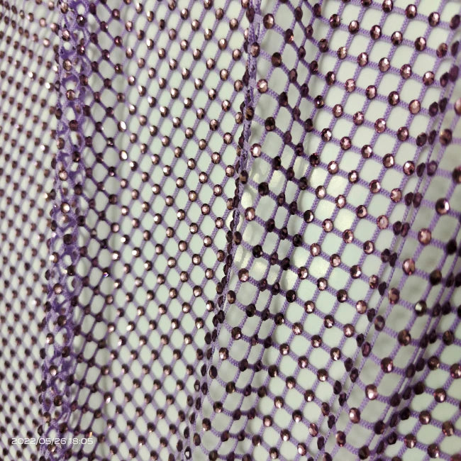 Glass Rhinestones Fabric on Purple Violet Stretch Net Fabric Spandex Fish Net With Crystal Stones for Party Wedding