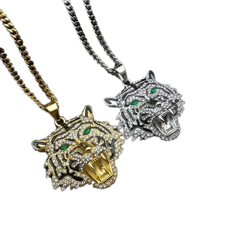 Fashionable Hip Hop Stainless Steel Gold-Plated Diamond Tiger Head Bottle Opener Pendant Necklace Zircon Stone Chains Parties