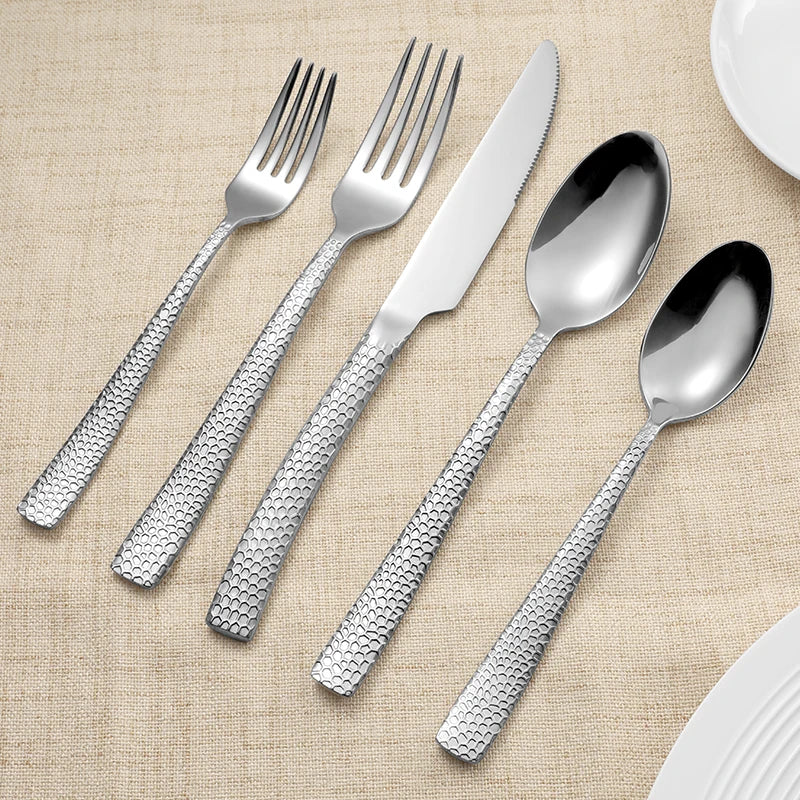 Premium Stainless Steel Stylish Metal Flatware Sets Hammered Silverware Set
