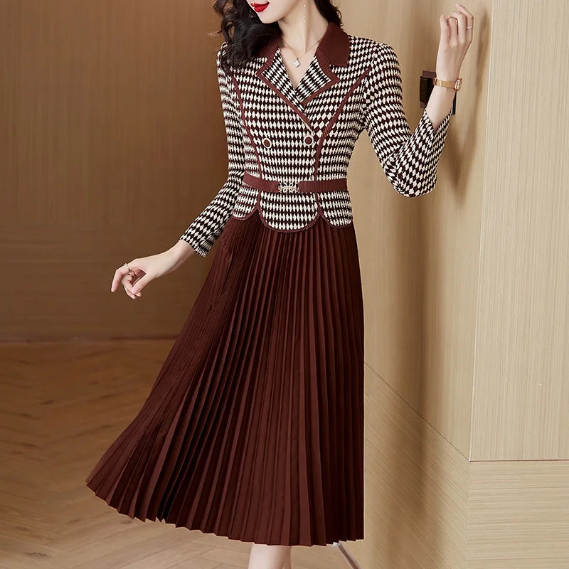 Plus Size Women's Spring New  Pleated Mid Length Style  Checkered Hundred Pleated Casual Dress