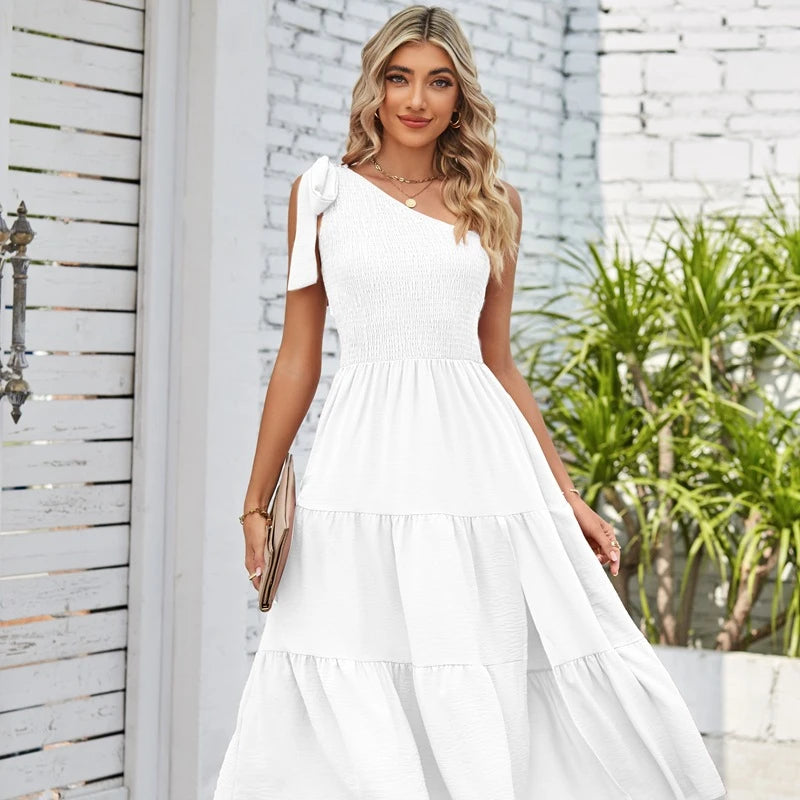 European and American Women's New Single Shoulder Pleated Layered Hem Slit Dress