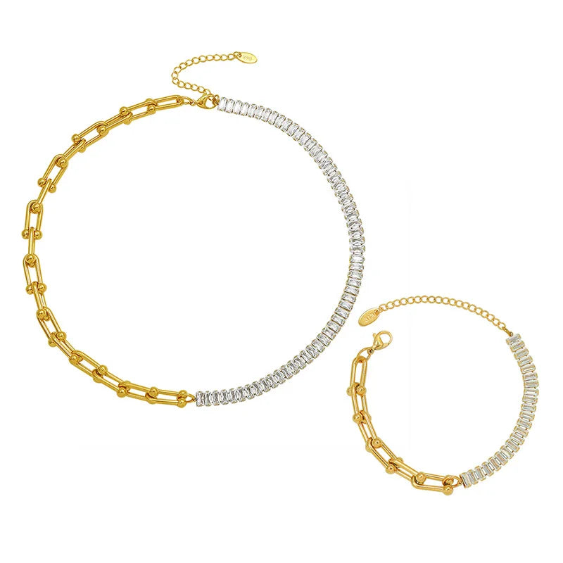 Fenny Luxury Retro Horseshoe Chain Zirconia Pave Mixed Chain Necklace Trend for Women Stainless Steel Jewelry Wholesale