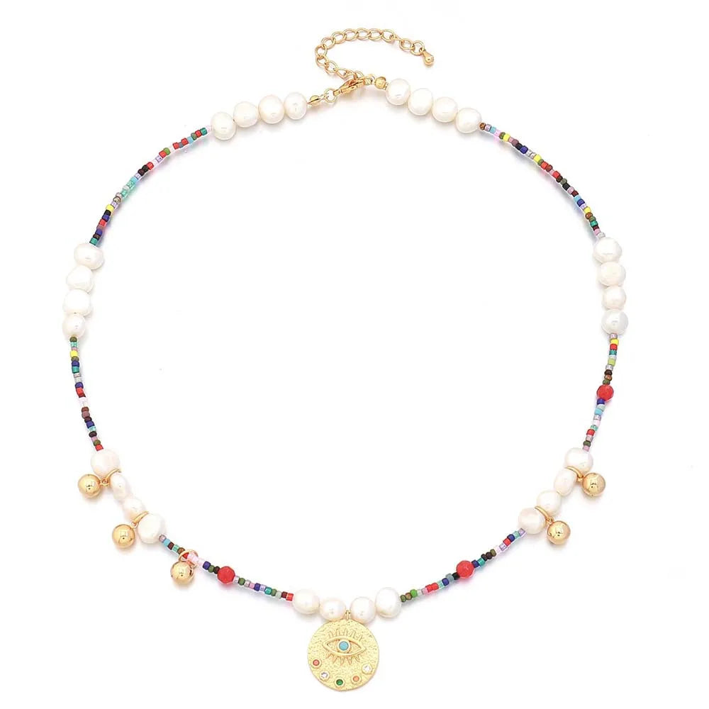 Real Gold Plated Bohemian Natural Stone Freshwater Pearl Pendant Beaded Eye Necklace Women