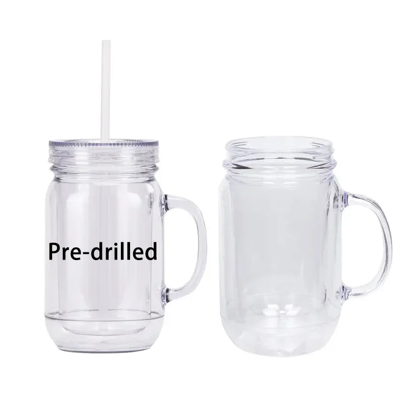 Wholesale New Arrive Ready to Ship Clear 500ml Double Wall PP Plastic Tumbler Pre-drilled Mason Plastic Cup with Handle 25pcs