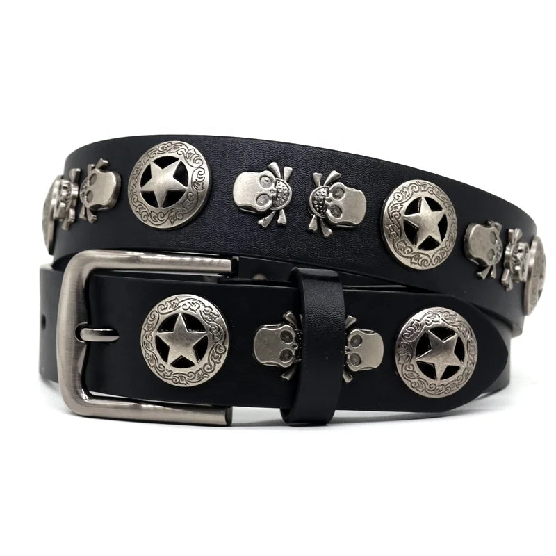Designer Designs Black Domineering Rivet Skull and Punk Fashionable Men's Wide Leather Belt with Alloy Buckle