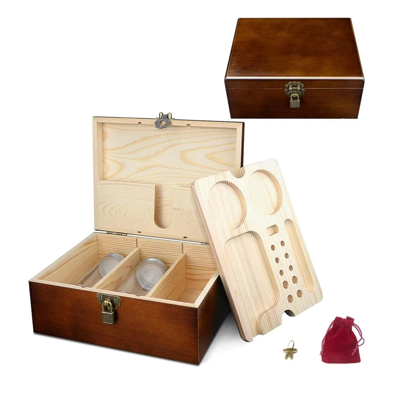 Wooden Stash Organizer Wooden Box With Hinged Lid Acacia Container Smoking Accessories Storage Set Locking Stash Box