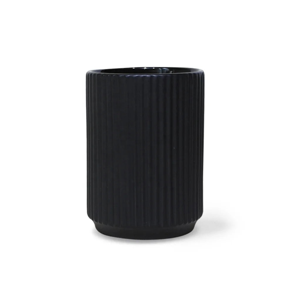 300ml Black Japanese Style Ribbed Ceramic Cup for Back to School With Beautiful Japandi Design Set of 4