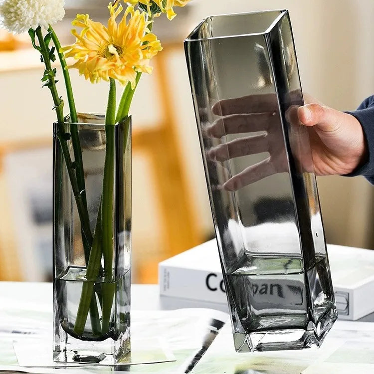 Hand Blown Crystal Square Tall Vase Creative Glass Vase for Wedding Table Flower Arrangements Unique Wedding Tabletop Vases