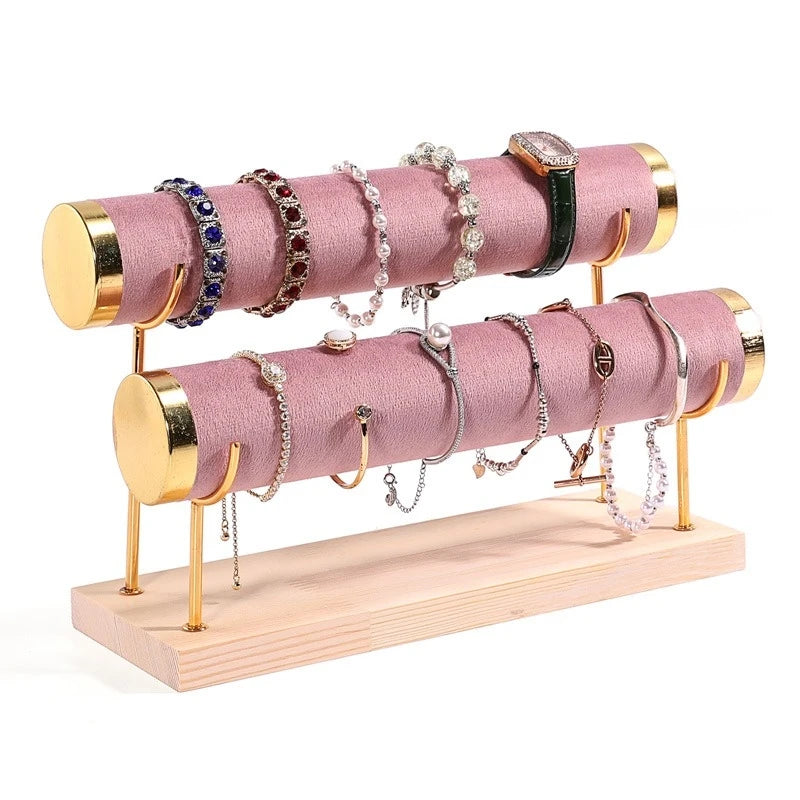 Popular Trend 2-Bar Gold Wood Velvet Leather Jewelry Bracelet Display Stand Prop Holder