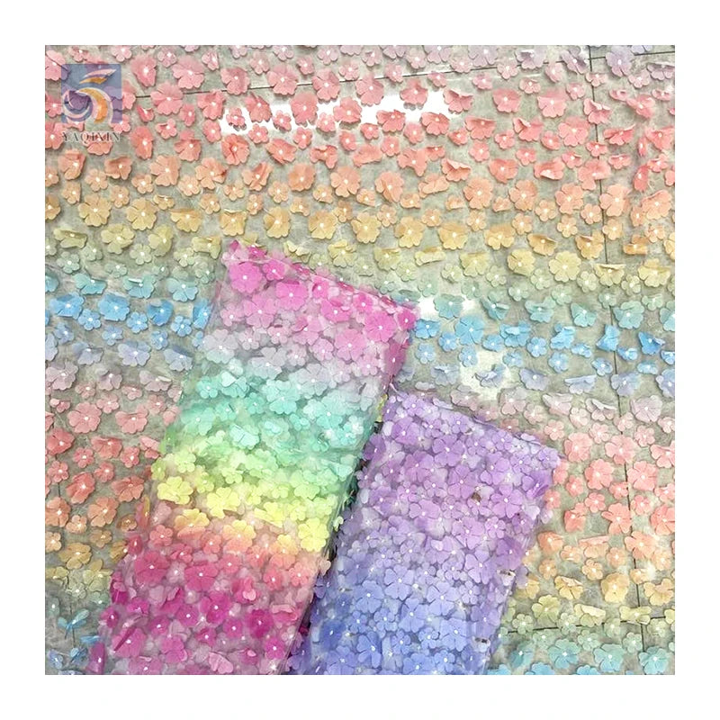 TDS001-2 Ombre 3D Tulle Fabric Hot Sales 100% Polyester with Embroidered Floral Colored Design for Girls' Garments