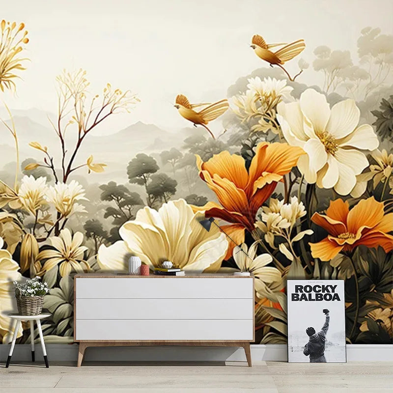 Modern Minimalist Floral Master Bedroom Bedside Sofa Background Wall Wallpaper European Style Living Room Flower Design Mural