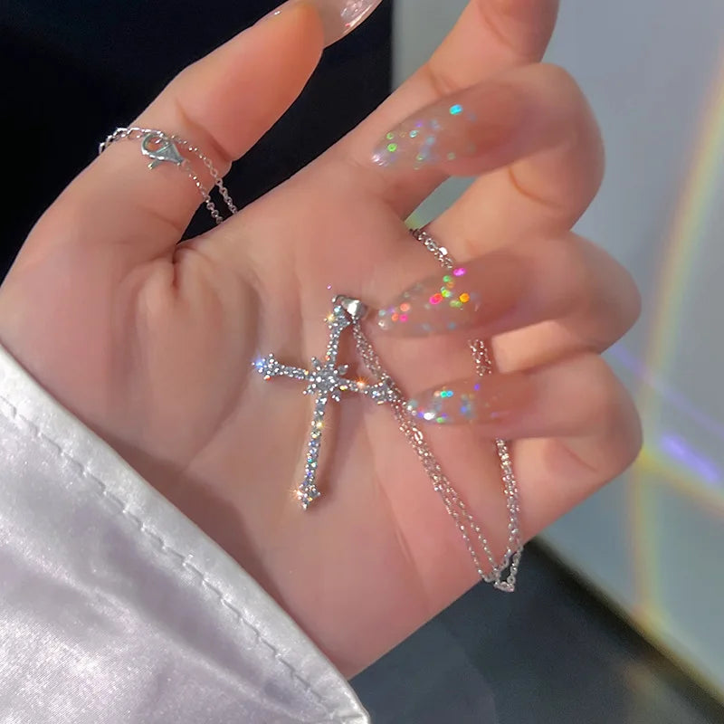 Wholesale New Full Diamond Star Awning Cross Necklace Cool Breeze Sweet Cool Zircons Flash Pendant  Jewelry