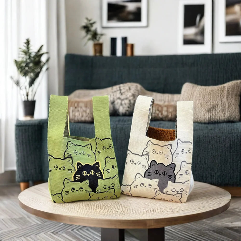 Korean Style Custom Tote Bag for Women Cute Cat Versatile Knitted Girl's Shoulder Handbag with Open Closure Casual Style