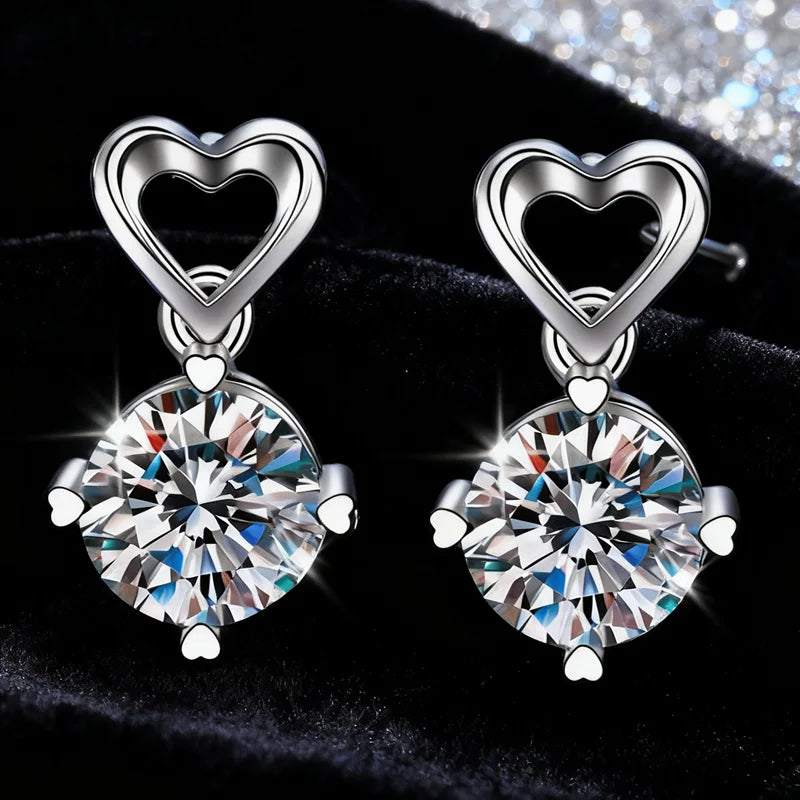 Classic Korean Heart Shaped Vvs D Color 1CT Moissanite Earrings S925 Sterling Silver Earrings for Women