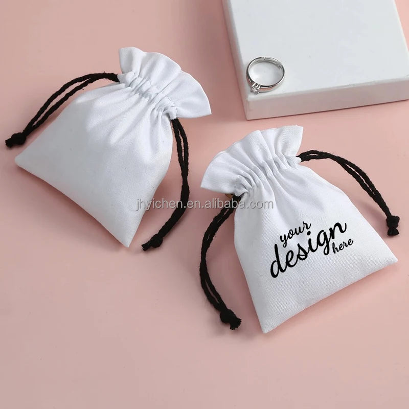 Ready to Ship White Cotton Earrings Jewelry Pouch Small Muslin Drawstring Necklace Bags