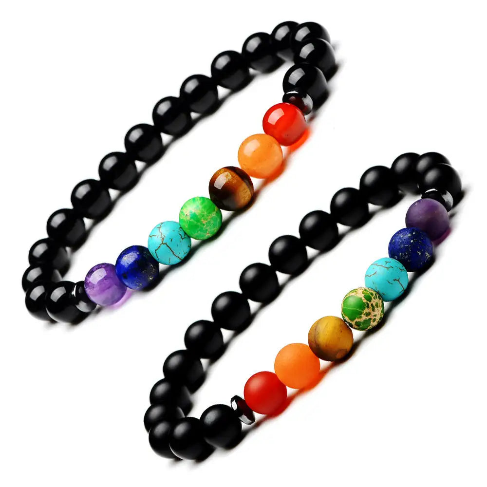 Unisex 7 Chakra Stone Bangles European Wholesale Natural Matte Onyx Bead Bracelet Reiki Healing Yoga Energy Balance Wedding G