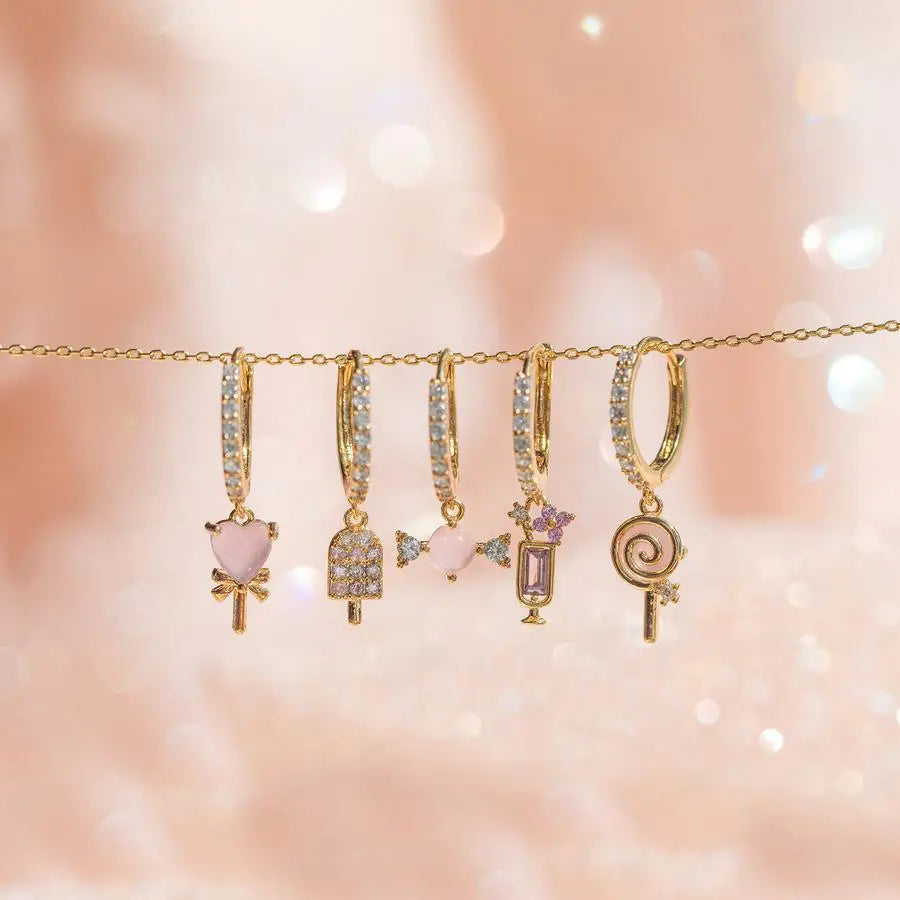 New Designer Lovely Zircon Hoop Ear Ring Cute Girl Pink Ice Cream Candy Copper Plated 18k Gold Huggie Pendant Earrings for Wo