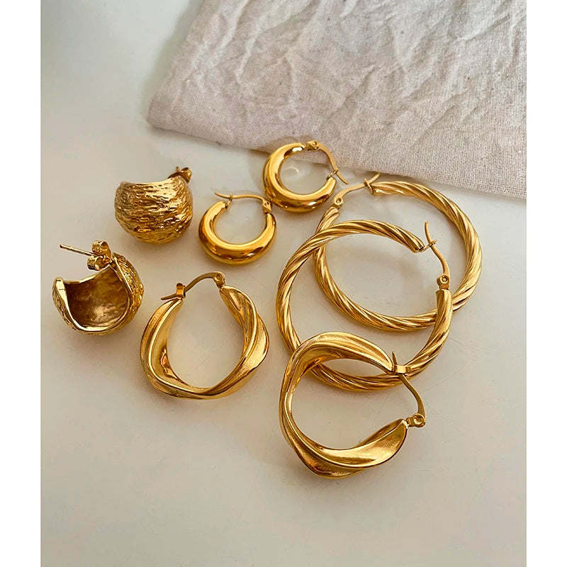4 Designs Stainless Steel Carved Textured Twisted Hoop Earrings Tarnish Free Circle Geometric Earrings Hip Hop Punk Jewelry H