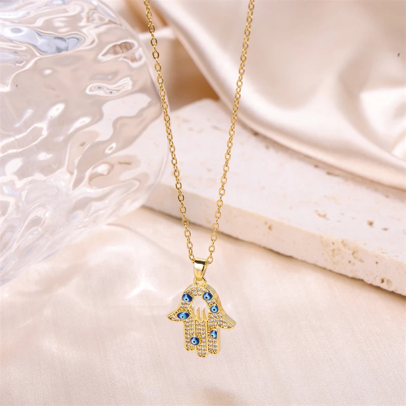 Designer Stainless Steel Palm Evil Eyes Pendant Necklace for Women Jewelry