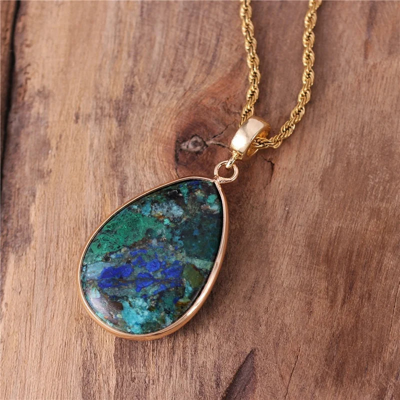 Boho Natural Stone Chrysocolla Teardrop Pendant Necklace Fashion 18k Gold Stainless Steel Chain Jewelry Wholesale Dropshippin