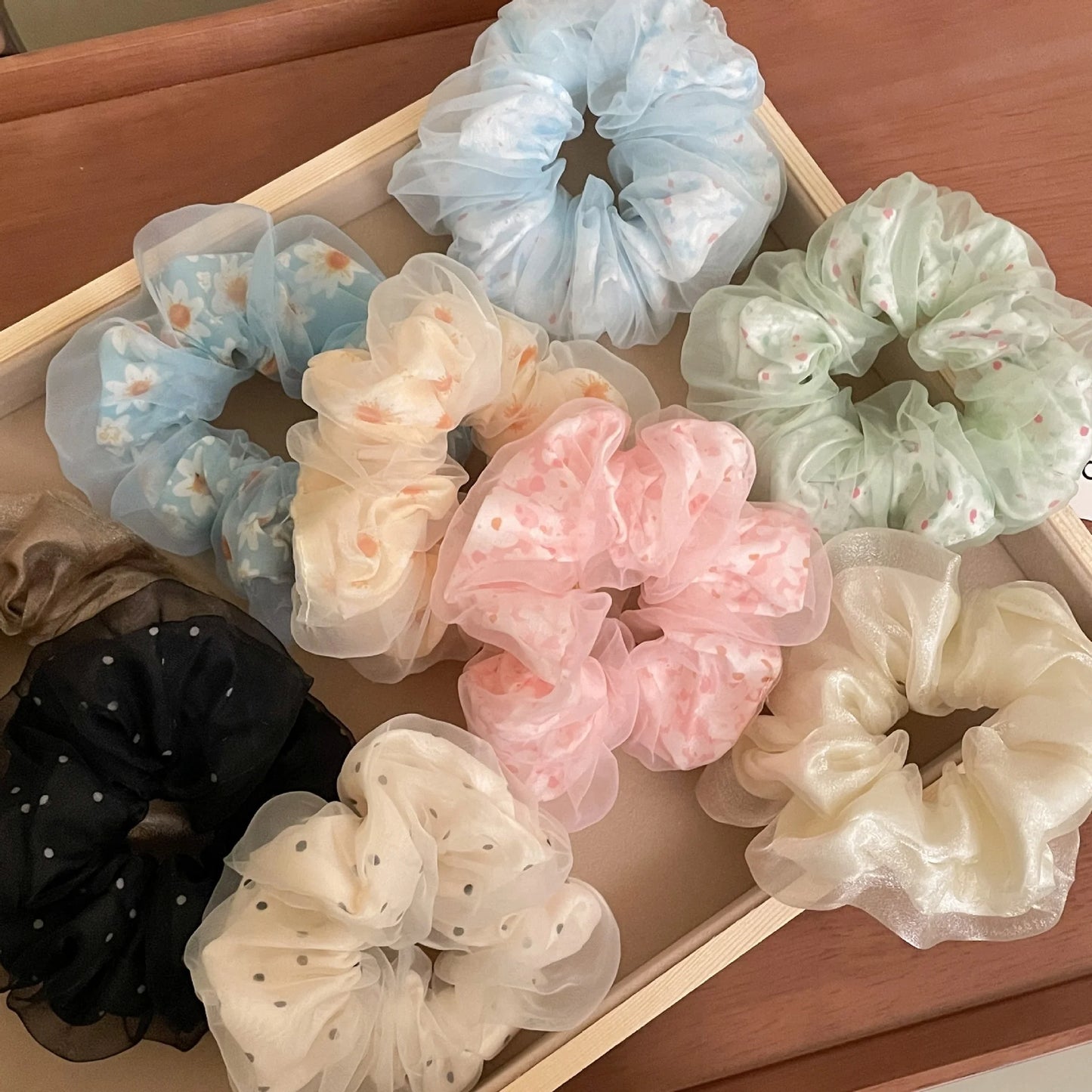 Wholesale Bulk Hair Bands Women Elastic Hair Ties Scrunchies Organza Flower Dot Double Layered Scrunchie for Girls