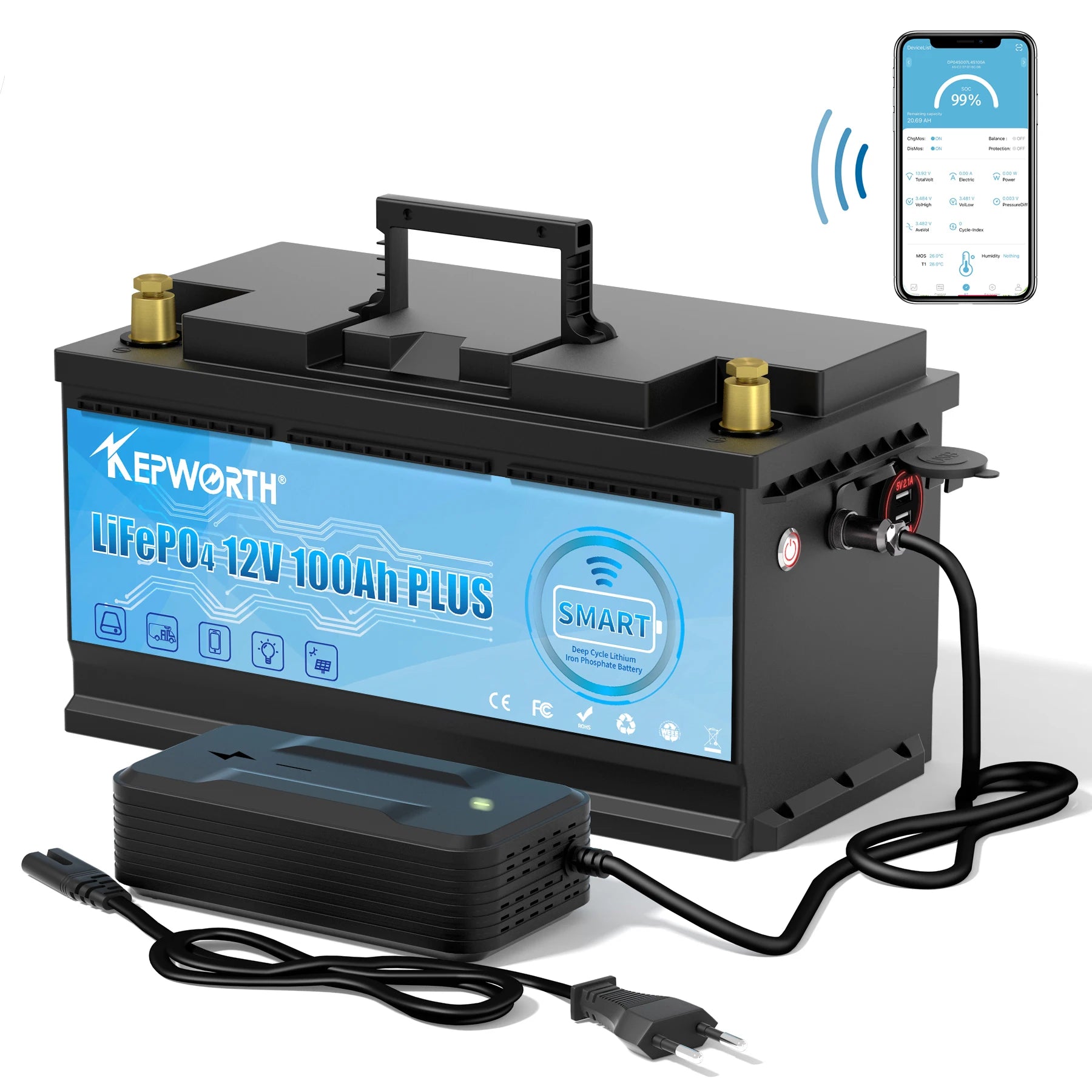 Kepworth 12v Lithium Battery 40Ah 60Ah 100ah 120Ah 200Ah Lifepo4 Battery With Blue Tooth Smart BMS for Lithium Battery BT 100