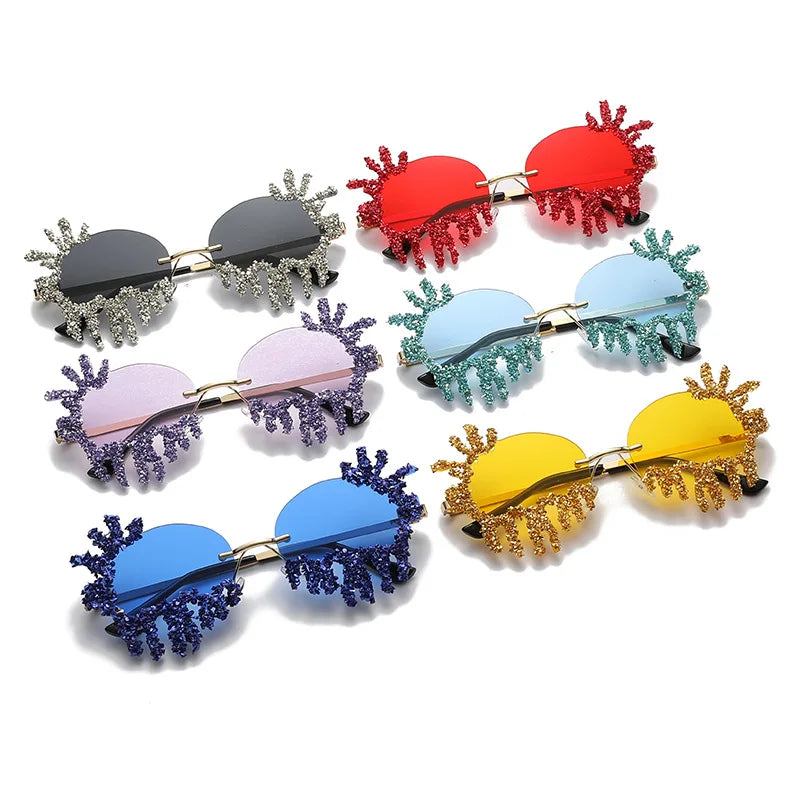 Fashionable Diamond Eyewear Metal Rimless 2024 Glitter Diamond Party Sun Glasses Lunette De Soleil