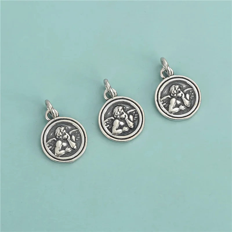 Vintage 925 Sterling Silver Angel Round Pendant Antique Silver Coin Angel Charms for DIY Bracelet Necklace Jewelry Making