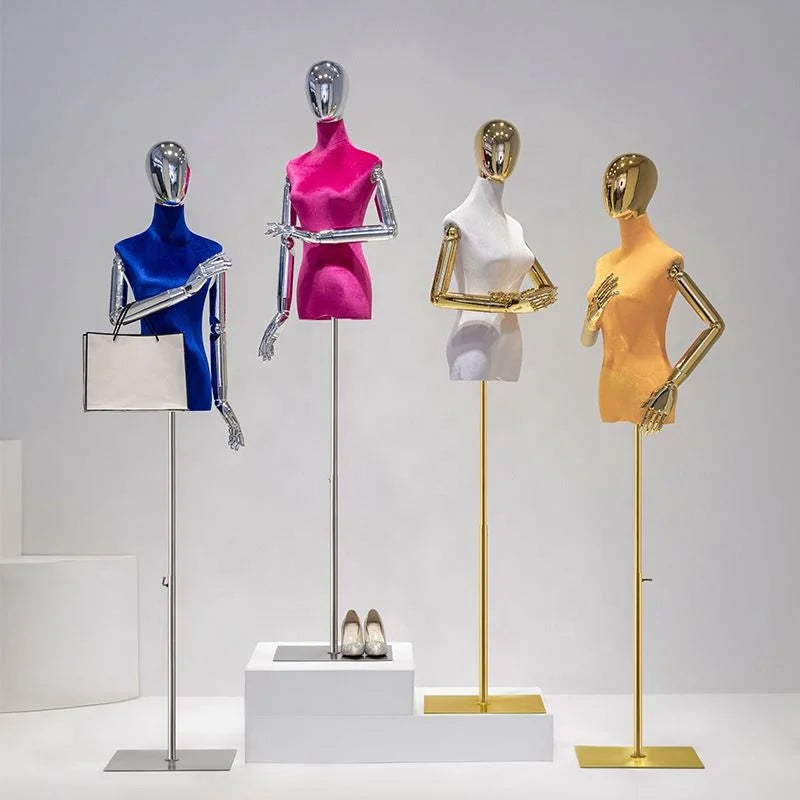 Clothing Wedding Dress Flexible Arm Velvet Half Mannequins Female With Gold Silver Metal Base