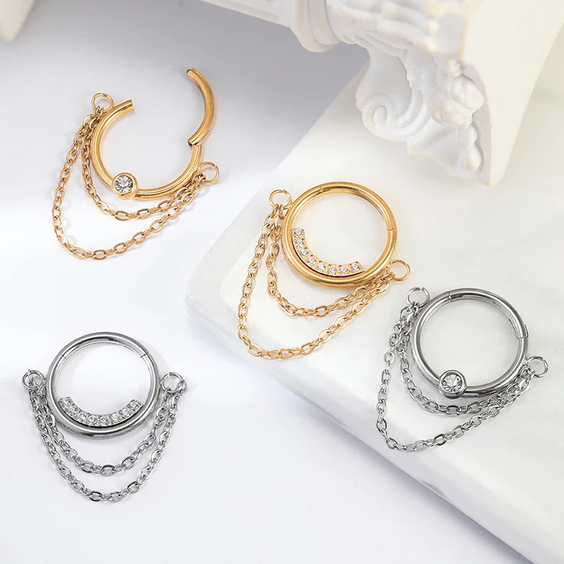 Wholesale 316L Stainless Steel Gold Plated Zircon Nose Ear Septum Piercing With Chain