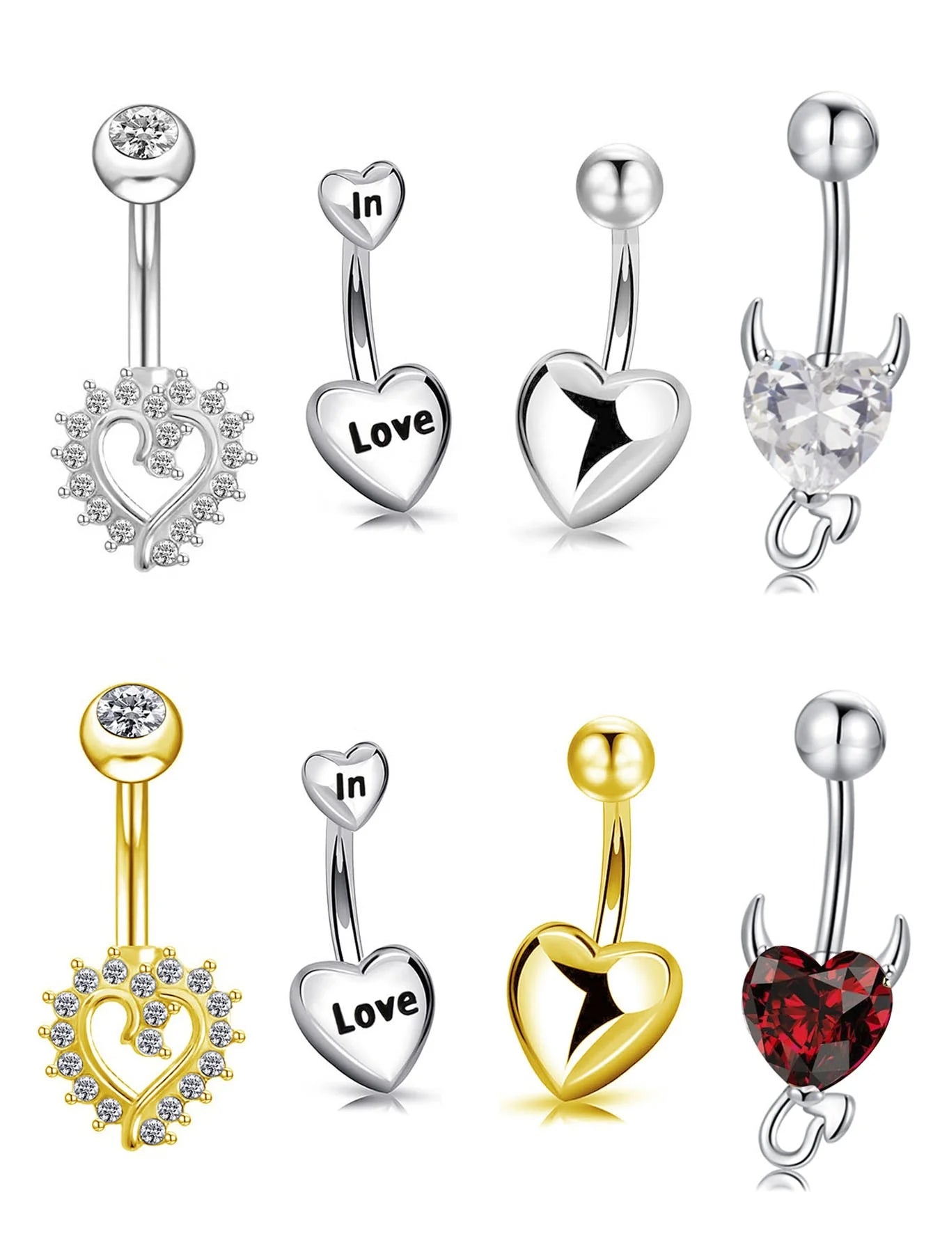 14G 10mm 316L Surgical Steel Heart CZ Belly Button Rings Hypoallergenic Customizable Navel Piercing Jewelry