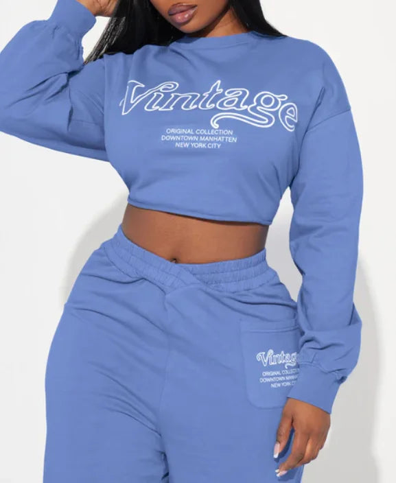 Women's Manhattan Cropped Sweatshirt in Blue  Casual Long Sleeve Hooded Outfit