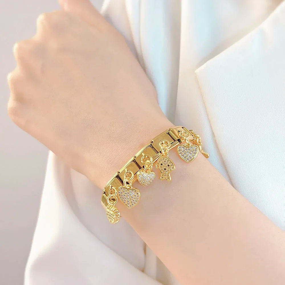 Hapiship Wholesale Stainless Steel Gold Women Itallian Charm Bracelets Italian Link Charm  DJ610
