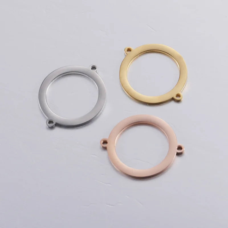 Custom DIY Jewelry Real Gold Plated Stainless Steel Double Hole Round Charms Pendant for Bracelet Anklet Use