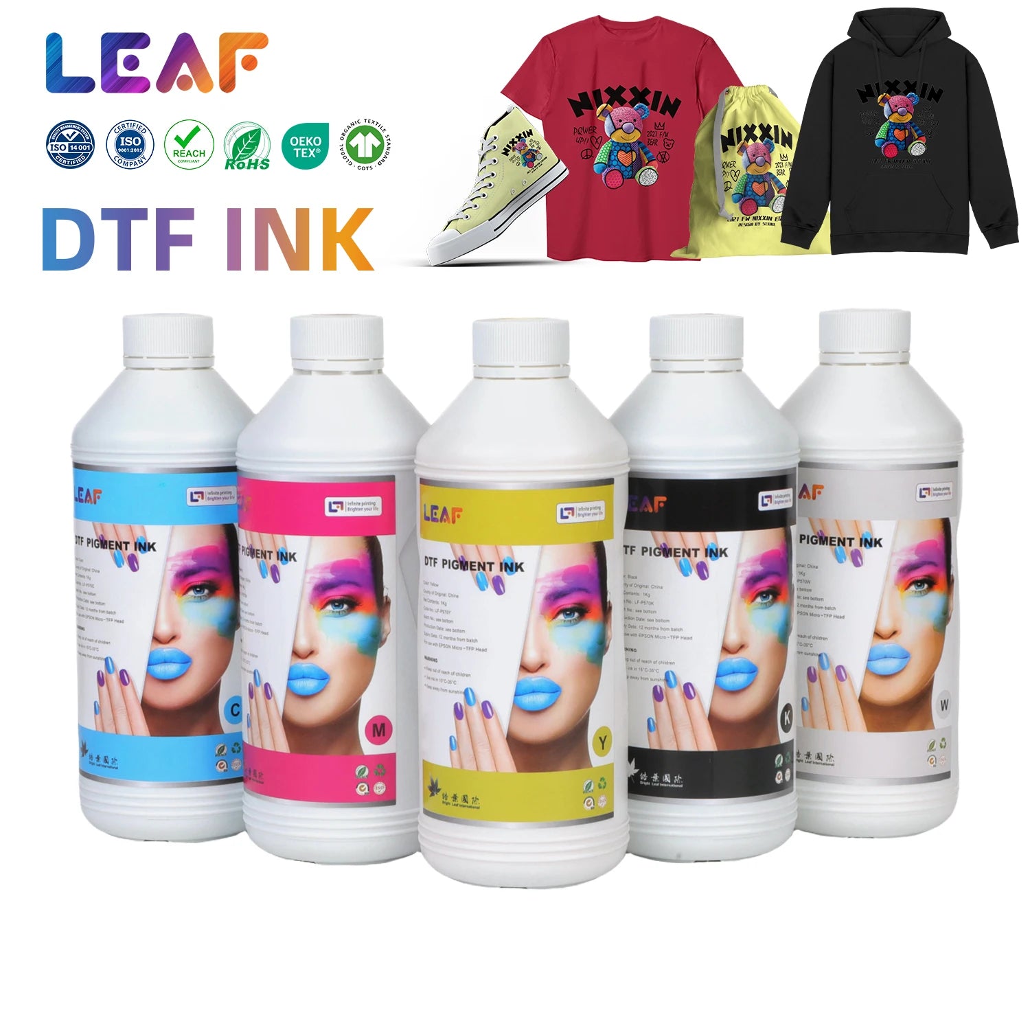 LEAF Hi-Pro Premium 1000ML 1L Bottle C M Y K W 5-colours Based STS DTF Ink Screen Textile Printing DTF for DTF Inkjet Printer