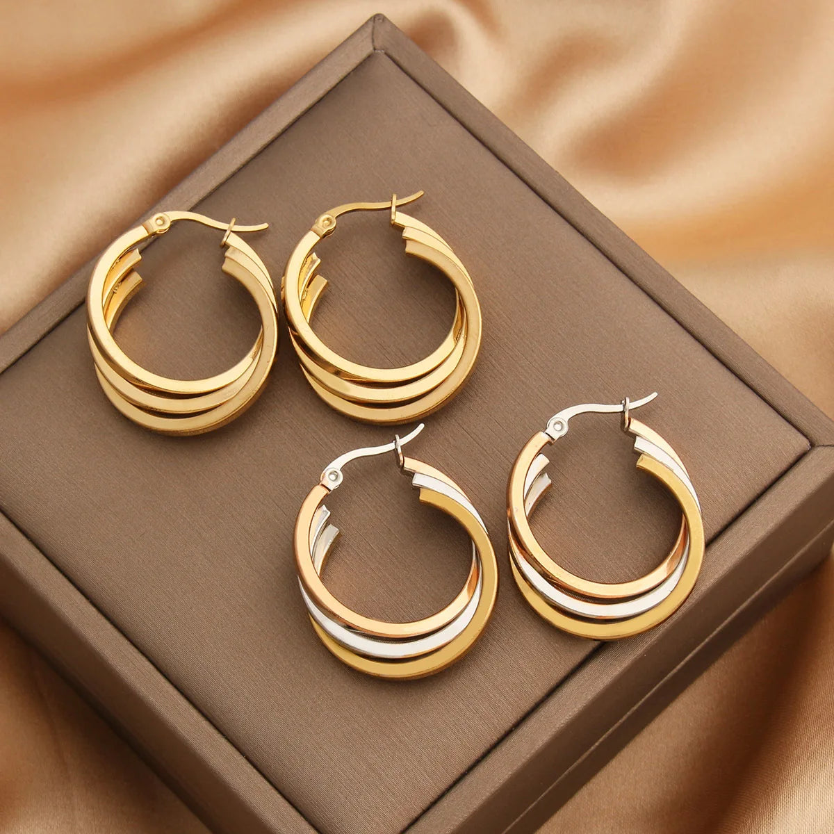 Creative Gold Plated Titanium Steel Drop Earrings Women 3 Layers Stainless Steel Hoop Earrings for Girl Gift