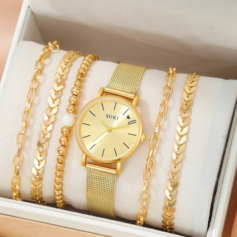 Fashion Ladies Minimalism Quartz Wristwatch Steel Band Watch6pcs Set Luxury Ladies Quartz Wrist Watch Bracelet Set(WA033)